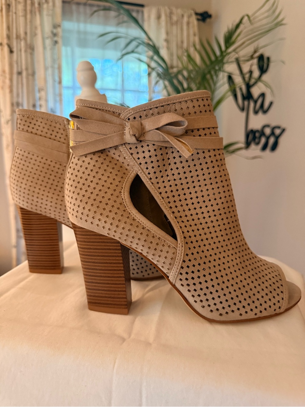 Kari Blue - Beige Perforated Peep-Toe Booties with Bow